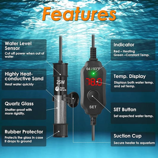 AquaMiralce 25W Aquarium Heater with Compact Size, Submersible Fish Tank Heater with LED Digital Display Thermostat, Adjustable Fish Heater Turtle Heater for 3-5 Gallon Tanks