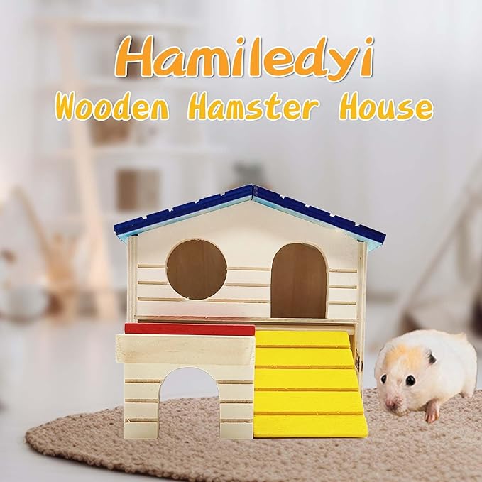 Hamiledyi Pet Small Animal Hideout Hamster House Deluxe Two Layers Wooden Hut Play Toys Chews