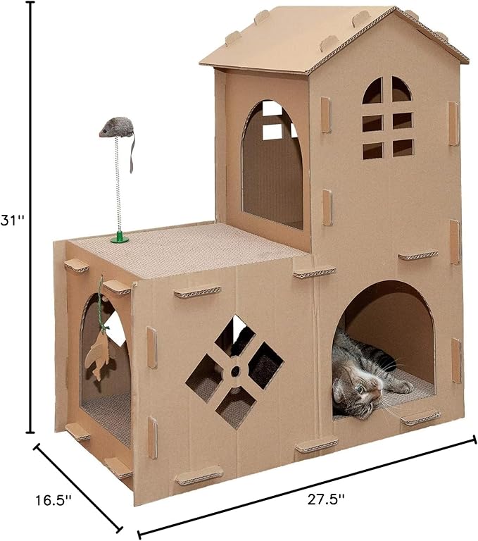 Furhaven Multi-Level Cardboard Cat House w/ Catnip for Indoor Cats, Ft. Scratching Pads & Toys - Farmhouse Corrugated Cat Scratcher Hideout - Cardboard Brown, One Size