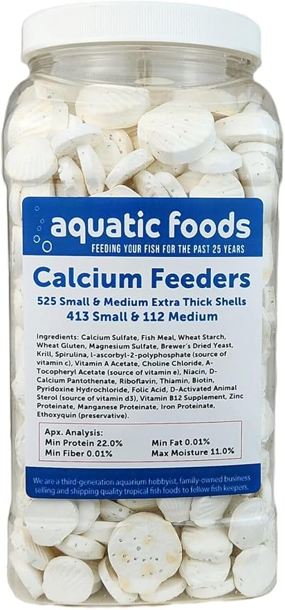 Aquatic Foods Inc. Calcium Feeder Small & Medium Shells. Extra Thick Shells for Shrimp, Snails, Crabs, Crayfish, Hermit Crabs and All Tropical Fish…525 Count Jar