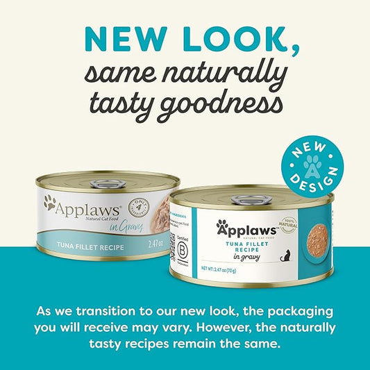 Applaws Natural Wet Cat Food, Made with Limited and Natural Ingredients, High Protein with No Artificial Additives or Fillers, Tuna Fillet in Gravy (24 x 2.47oz Cans)
