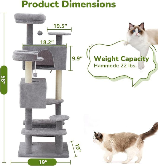 Cat Tree Tower with Large Hammock 54in Multi-Level Cozy Large Cat Tree with 2 Condo Top Perch Scratching Posts and Fun Cat Toys for Indoor Cats(Light Gray)