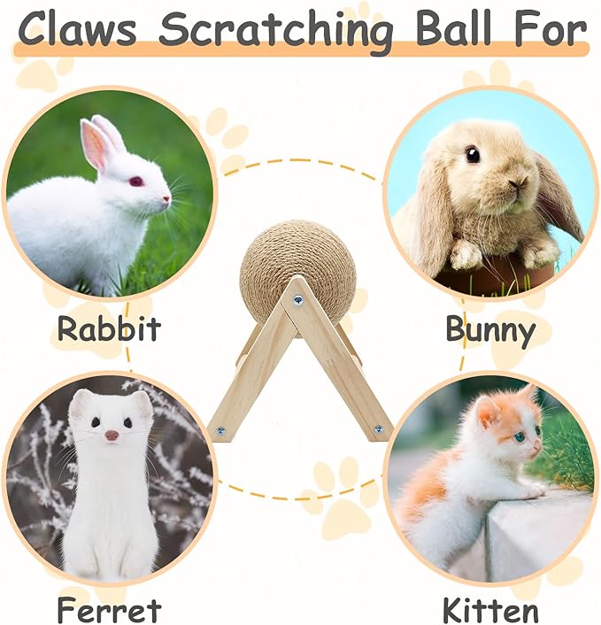 BNOSDM Rabbit Scratch Toy Wooden Natural Sisal Rope Rabbit Scratching Toy Ball Bunny Scratcher with Ball for Rabbits Bunnies Ferrets Kittens Small Animals (Medium)