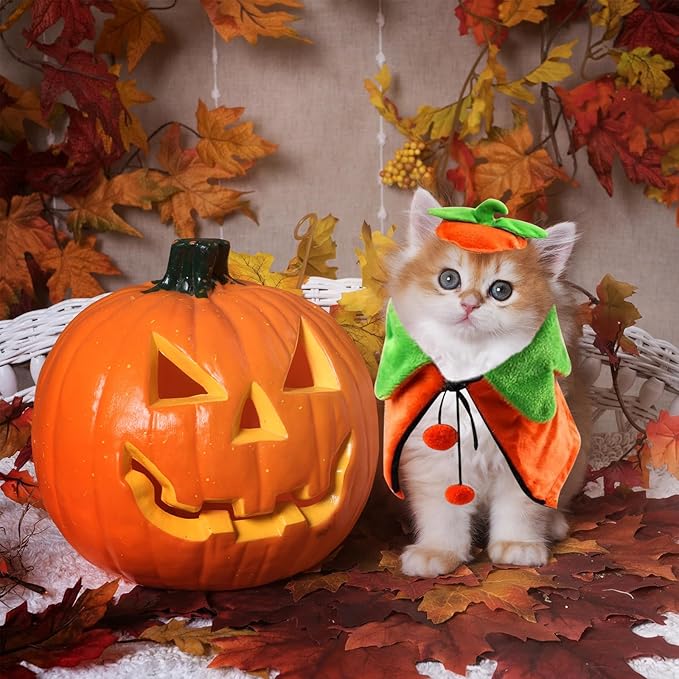 Halloween Cat Pumpkin Cloak with Hat Costume, Adjustable Double-Sided Pumpkin Pet Cape Clothes, Small Cats Dogs and Other Pets Halloween Parties and Pet Cosplay - S