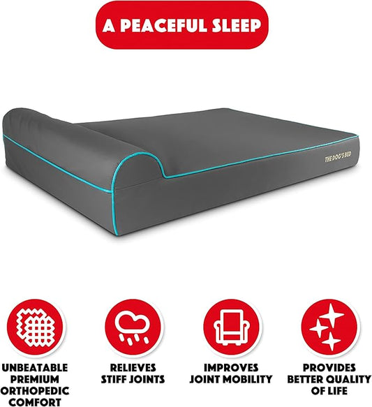 The Dog’s Bed Orthopedic Headrest Dog Bed XXL Grey/Blue, Memory Foam, Pain Relief for Arthritis, Hip & Elbow Dysplasia, Post Surgery, Lameness, Waterproof Washable Cover