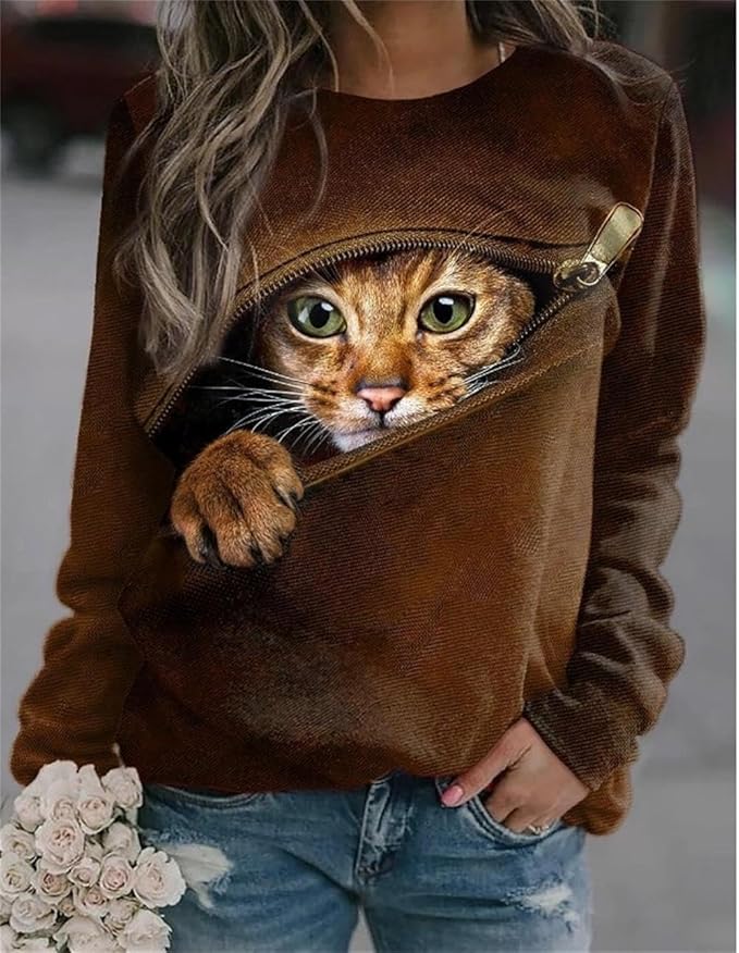 IVERIRMIN Women's 3D Cute Cat Print Sweatshirt Casual Long Sleeve Crewneck Cute Cat Pullover Loose Fit Shirts
