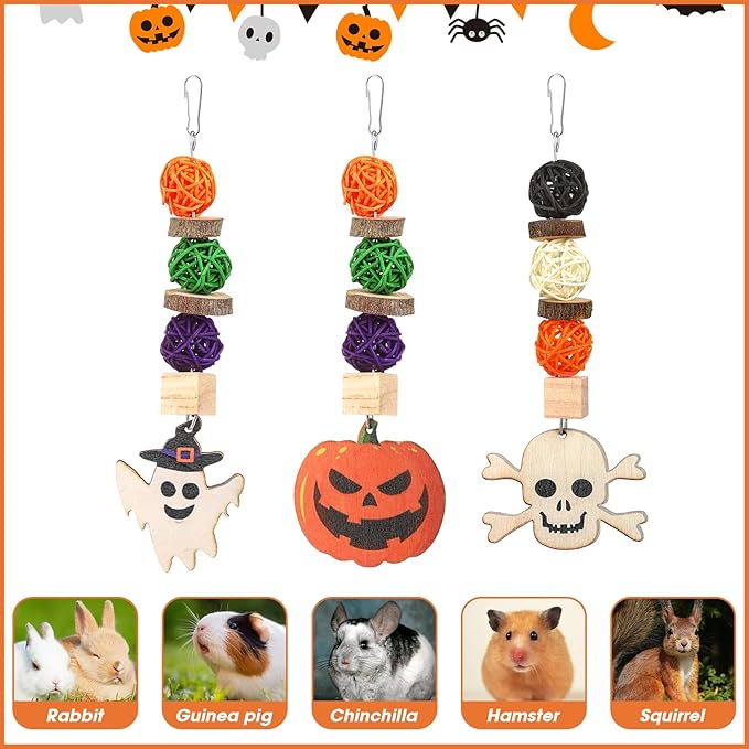 Bunny Chew Toys, Natural Guinea Pig Toys,3pcs Perfect Chews Hanging Wood Chew Toy for Pet Rabbits Guinea Pigs Chinchillas Hamsters Rats and Other Small Animals Teeth Grinding Halloween Themed