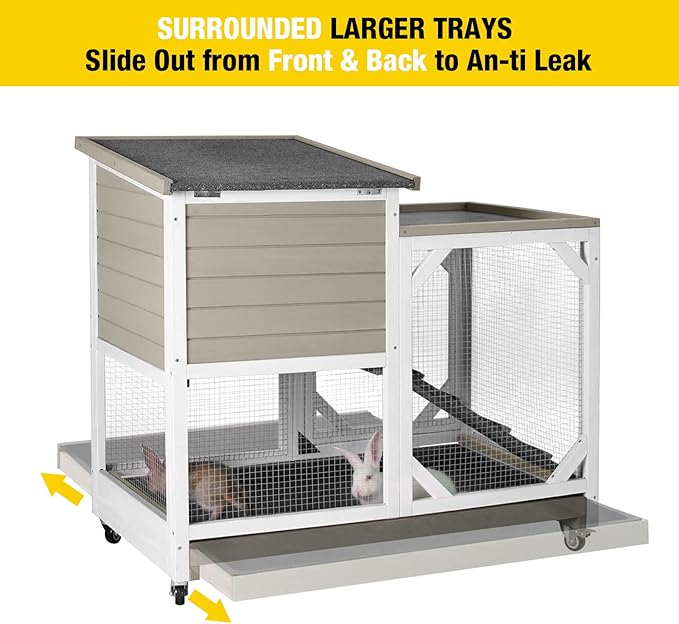 Rabbit Hutch Cage Outdoor and Indoor Bunny Hutch on Wheels with Two Deeper No Leak Trays, Guinea Pig Cages Rabbit House (Matcha Color)