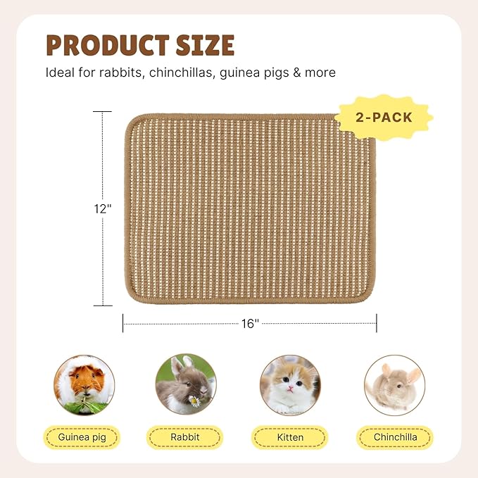2 Pack Bunny Scratching Pad - Natural Jute-Cotton Woven Cage Mat Chew Toys Teeth Grinding & Claw Care Scratcher for Rabbits, Chinchillas, Guinea Pigs