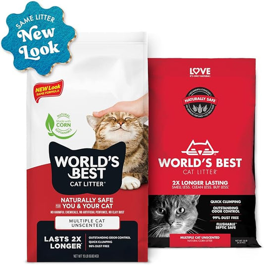WORLD'S BEST CAT LITTER Multiple Cat Unscented, 32-Pounds - Natural Ingredients, Quick Clumping, Flushable, 99% Dust Free & Made in USA - Long-Lasting Odor Control & Easy Scooping