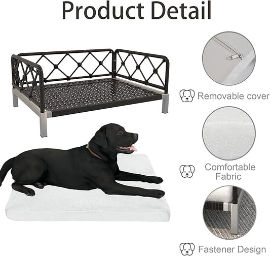 Wicker Dog Bed with 2" Cushion,Rattan Dog Sofa Bed for Small Medium Dogs– Indoor/Outdoor Metal Frame Pet Bed up 66lbs(Black Rattan White Cushion)
