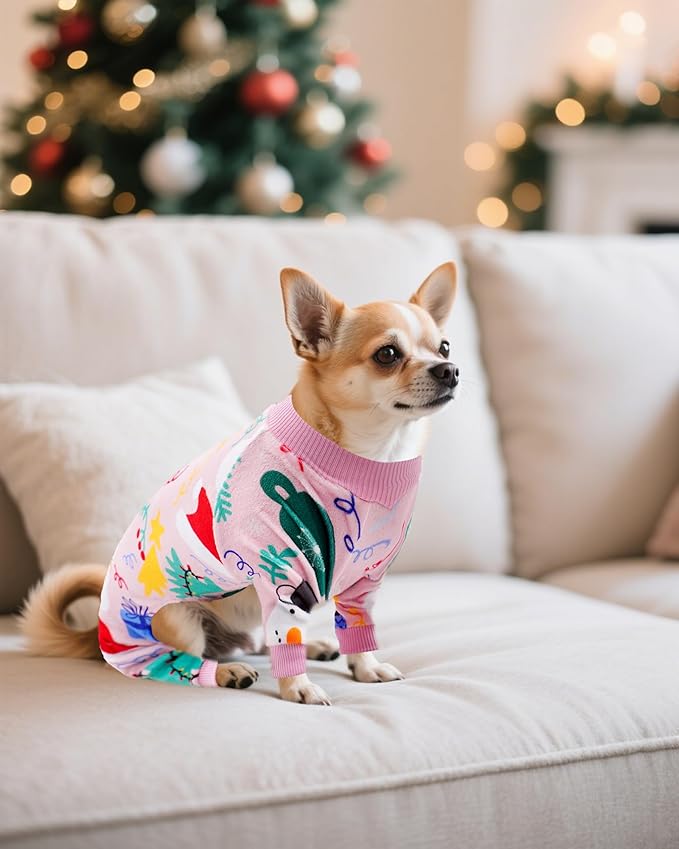 PET SHOW 4 Pack Small Dog Christmas Pajamas Holiday Dog Clothes Doggies Girl Boy Soft Stretchy PJs Xmas Jumpsuit Puppy Cats Onesies Red Green Outfits with Sleeve Pets Dachshund Costume S