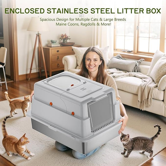 Stainless Steel Litter Box with Lid, 28" XXXL Large Enclosed Covered Cat Litter Box for Multiple Cats, Odor Control with Carbon Filters, Anti-Leak High Sided, Removable Lid &Scoop, Light Gray