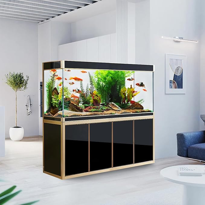 Premium Aquarium | 220 Gallon Tempered Transparent Glass with LED Light, Complete Fish Tank, Black with Gold Trim