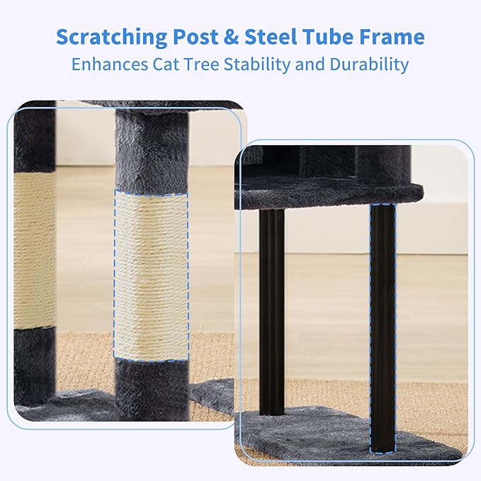 Heybly Cat Tree, 49.2 Inches Cat Tower for Indoor Cats, Spacious Cat House Condo with Hidden Space,Sturdy Steel Tube,Soft Plush Top Perch,Cozy Hammock and Sisal Scratching Posts, Smoky Gray HCT200SG