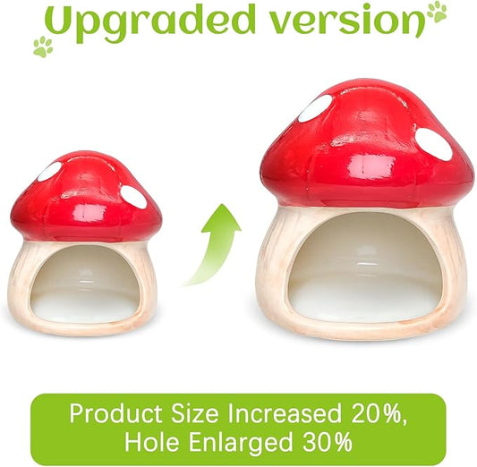 BNOSDM Ceramic Hamster Hideout and Food Bowl Set Cute Mushroom Shape Hamster House and Habitat Cool Hamsters Hide Suitable for Syrian, Mice, Dwarf Hamsters, Gerbils (Red)