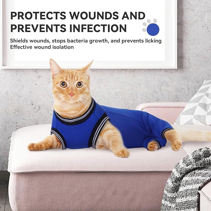 T'CHAQUE Cat Surgery Recovery Suit for Female Male, Cat Onesie Pet Surgical Pajamas Hind Legs Long Sleeve, Abdominal Wound Skin Diseases, E-Collar Alternative, Spay/Neuter Recovery Suit, RoyalBlue-S
