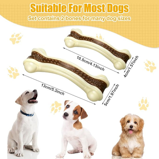 Sosation Bones Shaped Dog Toys for Aggressive Chewers, 2 Pack Dog Chew Toys Puppy Teething Nylon Beef Flavor for Large/Medium/Small Puppies Breeds(Curved Bone,Medium, Small)