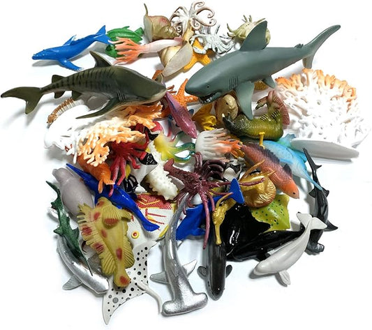 50 Pack Assorted Mini Vinyl Plastic Ocean Sea Animal Figures Toy Set, Realistic Under The Sea Life Figure Bath Gift for Child Educational Kids Party Cake Cupcake Topper
