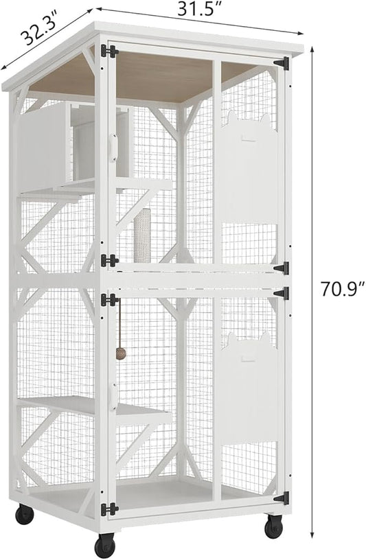 ROOMTEC Catio Outdoor Cat Enclosure - Large Wooden House with Roof, 71" H, 3 Jumping Platforms & 1 Napping House for Cats (White)