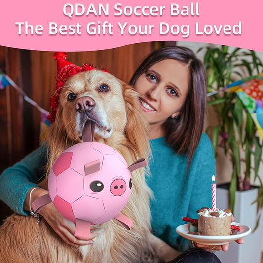 QDAN Dog Toys Soccer Ball with Straps, Interactive Dogs Toys for Tug of War, Puppy Birthday Gifts, Dogs Tug Toy, Dog Water Toy, Durable Dog Balls for Medium & Large Dog - Pink Pig(8 Inch)
