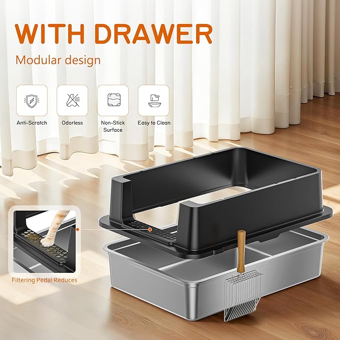 Stainless Steel Litter Box - 28" Extra Large XXXL Cat Litter Box with High Sides, Non-Sticky & Anti-Leakage for Big Cats/Multiple Cats, Includes Heavy Duty Metal Scoop (Black)