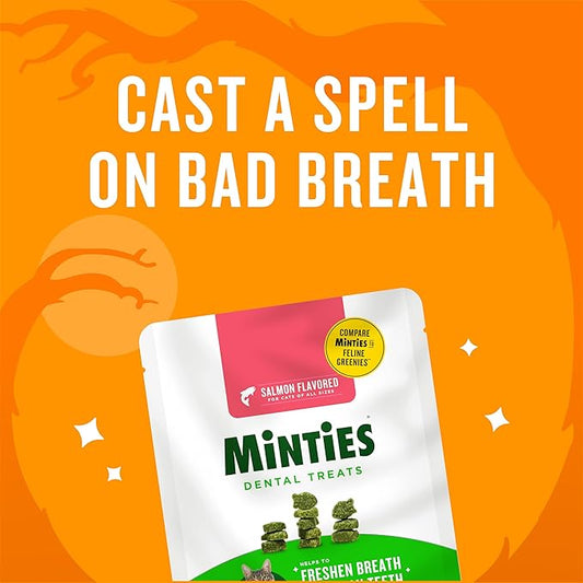 Minties Dental Treats for Cats, Salmon Flavored Treats for Cats, Freshens Breath and Controls Tartar, 30oz (12 2.5oz Bags)