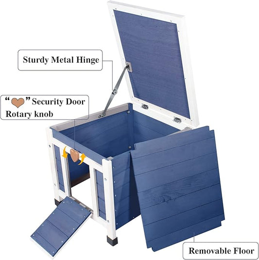 Deblue Weatherproof Cat House for Outdoor Cats, Wooden Small Pet House Outside, Feral Cat Shelter with Elevated Floor and Lockable Door - Blue