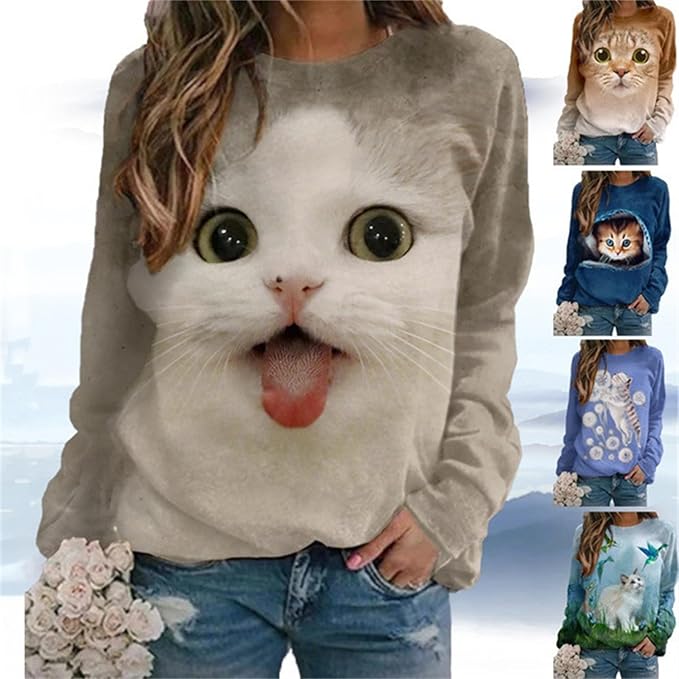 IVERIRMIN Women's 3D Cute Cat Print Sweatshirt Casual Long Sleeve Crewneck Cute Cat Pullover Loose Fit Shirts