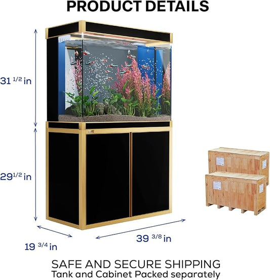 100 Gallon Aquarium Fish Tank with Upright Fishtank Stand Water Pump Freshwater Filter LED Bundle and Straight Corners Clear Glass - Black with Gold Trims
