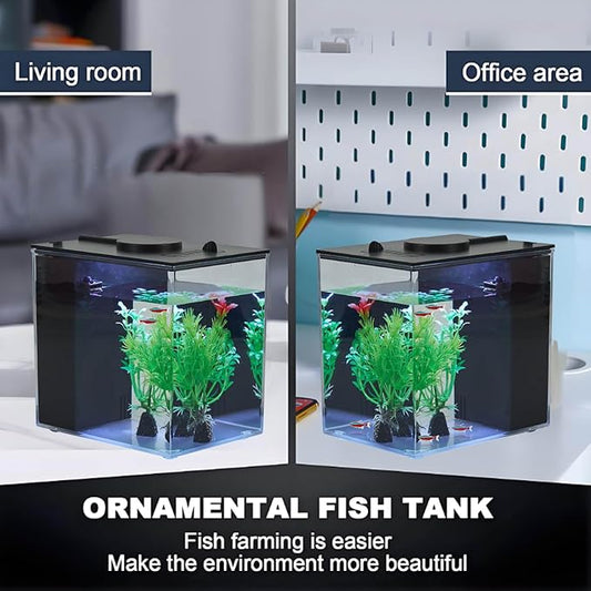 Mini Fish Tank Betta Aquarium Starter Kits Multifunctional Desktop with Switch Button LED Aquarium Kit White, 1 Gallon(Black)