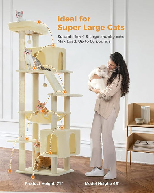 71" Tall Cat Tree for Large Cat 20 lbs with Super Large Hammock, Heavy Duty Cat Tower with 4 Sisal Scratching Posts & 2 Spacious Condos for Big Adult Cats Maine Coon-Beige