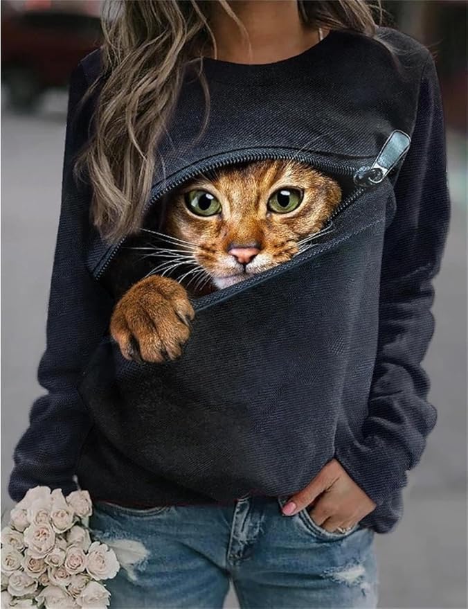 IVERIRMIN Women's 3D Cute Cat Print Sweatshirt Casual Long Sleeve Crewneck Cute Cat Pullover Loose Fit Shirts