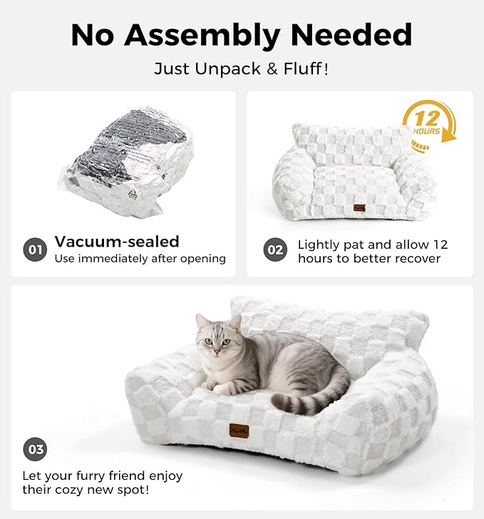 MADE 4 PETS Dog Couch Bed, Soft Faux Fur Checkered Indoor Pet Sofa, Comfortable Fluffy Dog Sofa with Supportive Foam, Removable Washable Cover with Non-Slip Base, Gray, Large