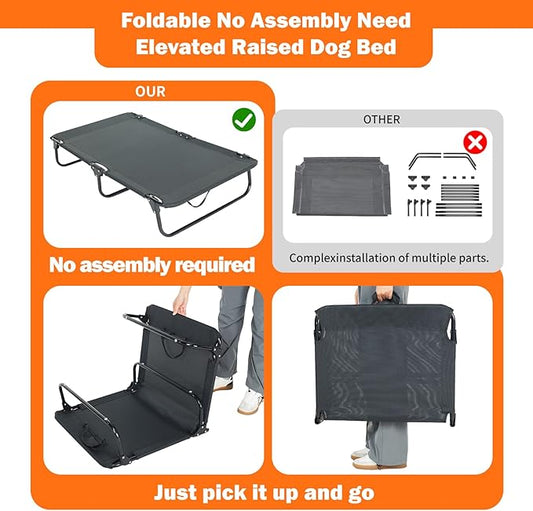 Elevated Dog Bed for Large Pet with No-Slip Feet, Foldable Portable Washable Raised Bed for Indoor&Outdoor Camping Dog Cot, with Cooling Waterproof Breathable Mesh (Large, Black-Textilene)