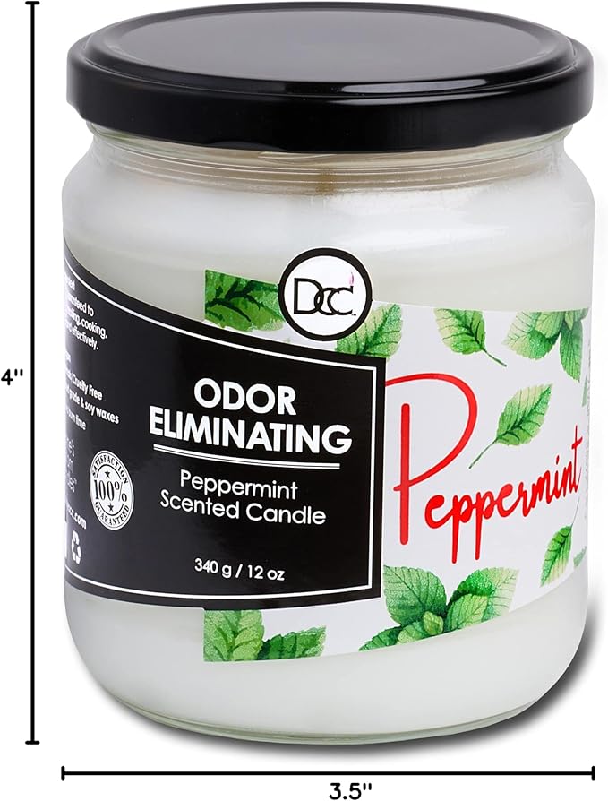 Peppermint Odor Eliminating Highly Fragranced Candle - Eliminates 95% of Pet, Smoke, Food, and Other Smells Quickly - Up to 80 Hour Burn time - 12 Ounce Premium Soy Blend