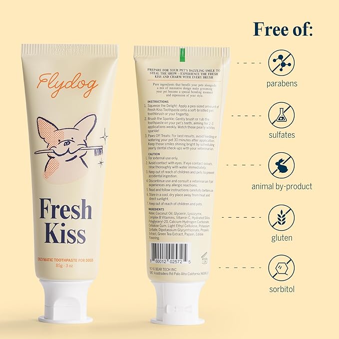FlyDog Fresh Kiss Dog Tooth Brushing Kit - Vet Approved Formula, Enzymatic Dog Toothpaste and Brush - Breath Freshener & Tartar Remover, 360° Toothbrush & Finger Brush, Dental Guide, Chicken Flavor
