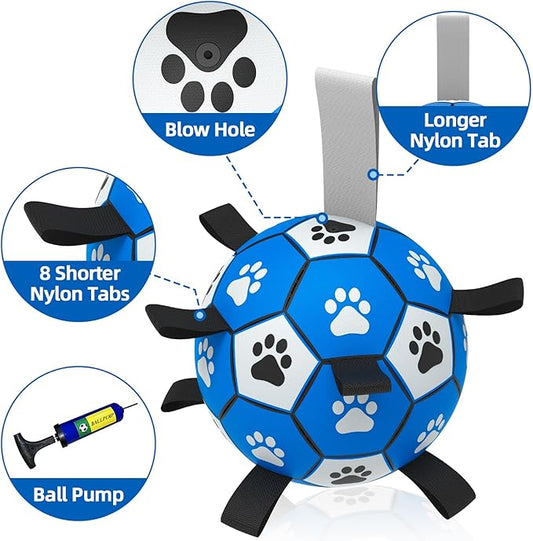 QDAN Dog Ropes Toys, Soccer Ball with Straps, Puppy Birthday Gifts, Dog Water Toy, Durable Balls for Small Medium Dogs-Blue Grey(6 Inch)