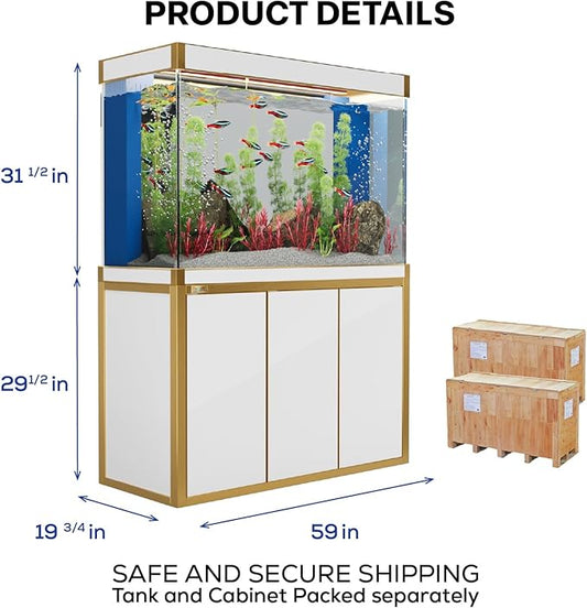 175 Gallon Aquarium Fish Tank with Upright Fishtank Stand Water Pump Freshwater Filter LED Bundle and Straight Corners Clear Glass - White with Gold Trims