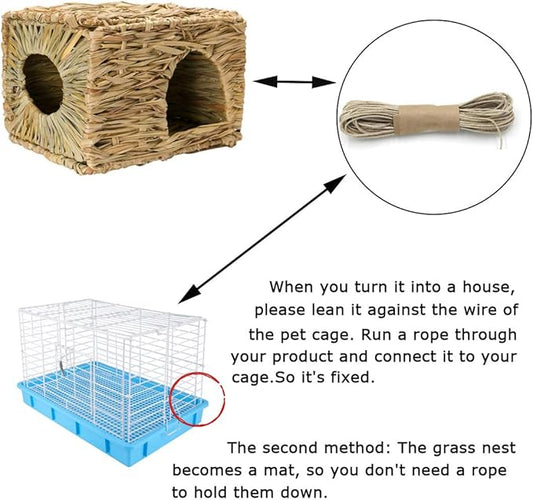 Tfwadmx 2 Pack Rabbit Grass House - Natural Hand Woven Seagrass Play Hay Bed, Collapsible Hideaway Hut Toy for Bunny Hamster Guinea Pig Chinchilla Ferret
