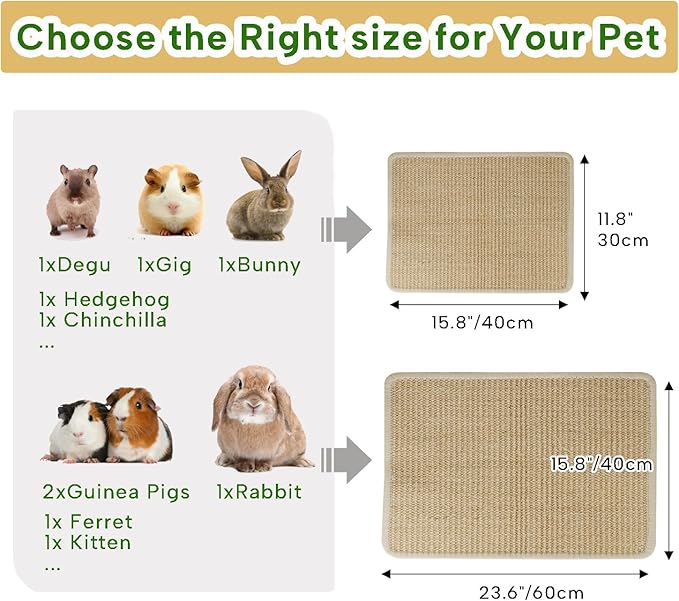 KEYIDE 2Pcs Rabbit Scratching Pad, Natural Sisal Bunny Scratch Mats for Nails Grinding Claw Boards for Cage Pet Guinea Pigs Chinchillas Rats Ferrets Sleeping Playing, 16"X12"