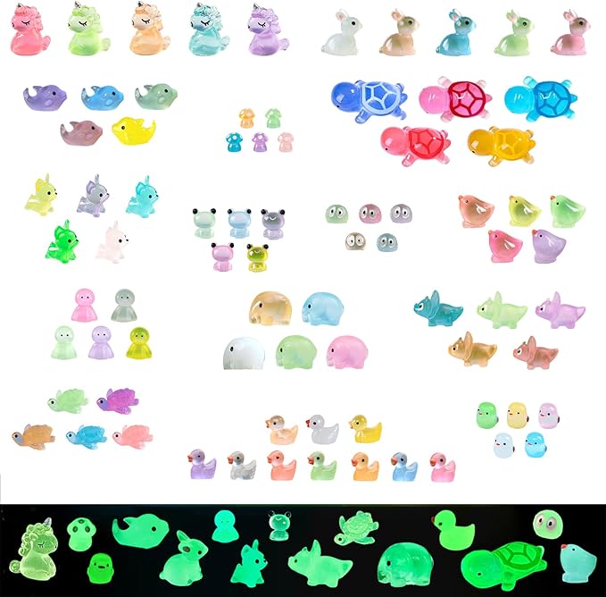 80PCS Luminous Mini Resin Animals Tiny Glow in The Dark Miniature Accessories Ducks Figures Variety Pack for DIY Micro Landscape Aquarium Dollhouse Garden Decoration