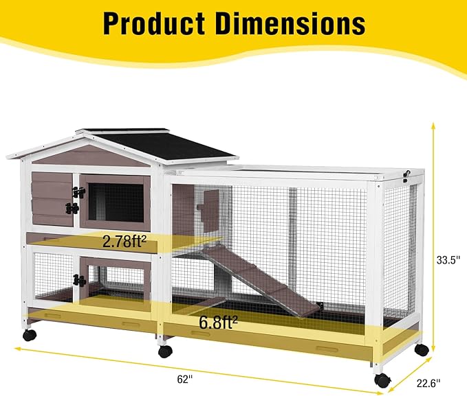 Aivituvin Rabbit Hutch Indoor 2 Story Bunny Cage Outdoor Guinea Pig Cage with Caster Wheels Chicken Coop with Run, 3 Pull Out Tray (Brown&White)