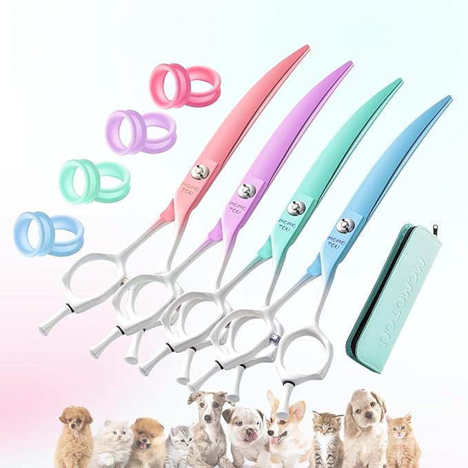 Curved Dog Grooming Scissors Green to White Gradient 440C Stainless Steel Sharp Durable Dog Shears for Professional or Home Use Ergonomic Handle with 2 Silicone Finger Rings
