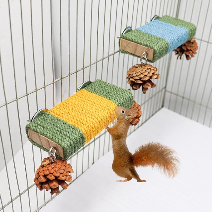 Sugar Glider Cage Accessories, 2 Pack Cage Platform with Rope and Pine Cone Decor, Standing & Climbing Toy, Relax Platform for Sugar Glider, Squirrel, Rat and Other Small Animals