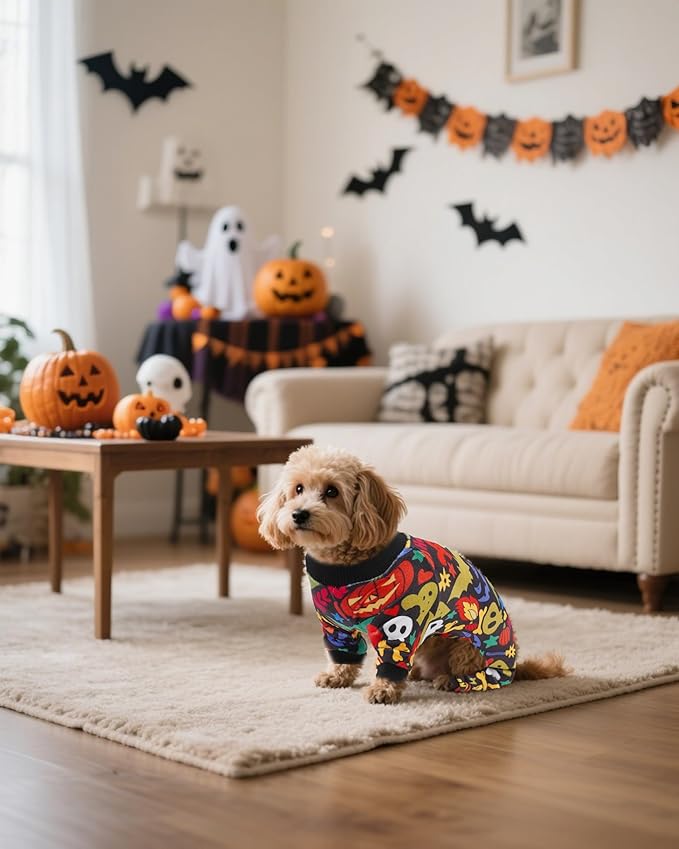 PET SHOW 4 Pack Halloween Small Dog Pajamas for Doggie Puppy Cats Kitten Onesies Pumpkin Ghost Soft Fleece Stretchy Jumpsuit Costume Boy Girl Pets PJs with Sleeve Clothes(XS)