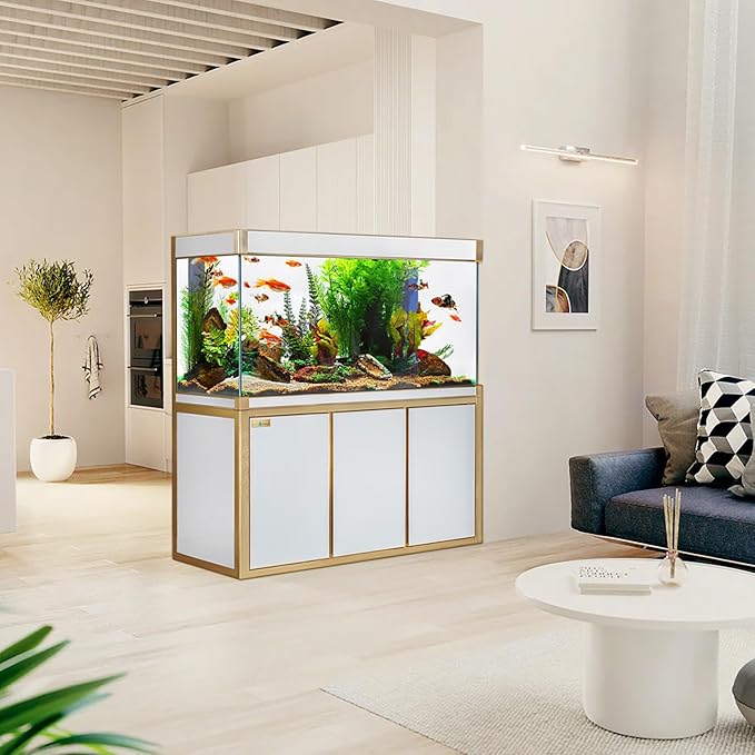 135-Gallon Aquarium Tempered Ultra Clear Glass with Complete Setup in White with Gold Trims