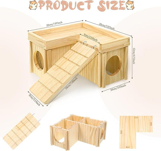 Wooden Hamster Hideout, Multi-Chamber Hamster House Maze, Hamsters Secret Peep Shed, Gerbils Chamber Hut with Ladder, Detachable Small Animals Cage Accessories for Small Animal