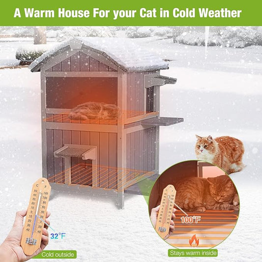 GUTINNEEN Heated Outdoor Cat House Two-Story Feral Cat Shelter for Multiple Cats Warming Condos with Heater and Insulated Liner
