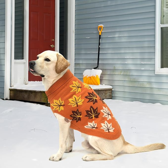 KOOLTAIL Dog Sweater, Cold Weather Dog Knitted Sweater Turtleneck Pullover, Fall Dog Sweater with Autumn Maple Leaf Pattern, Dog Winter Clothes for Small Medium Large Dogs Cat Boys Girls, Orange XL